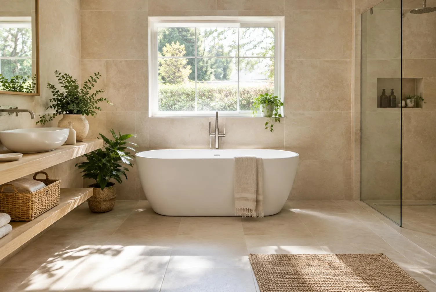 Helles Bad mit beigen Großformat-Fliesen in Sandsteinoptik, freistehender Badewanne und bodengleicher Glasdusche (Symbolbild, KI-generiert)